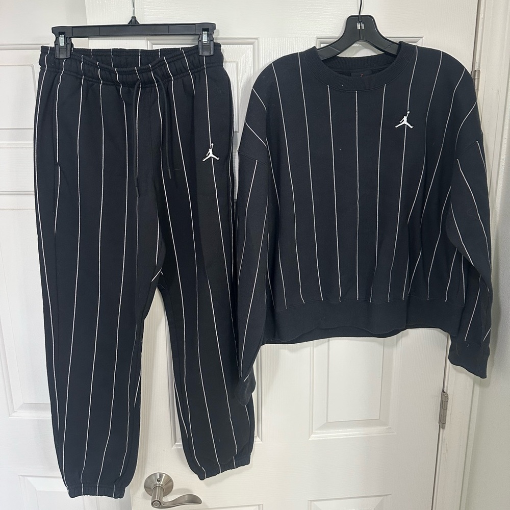 Jordan Black Pinstripe Crewneck Sweatset with White Jumpman Logo